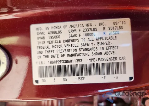 2011 Honda Accord Lx z USA, uszkodzony, nr VIN 1HGCP2F33BA011353